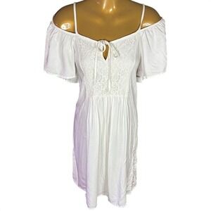 White Off Shoulder Lace Mini Dress Tie Waist Bridal Shower Summer NWT S JustFab